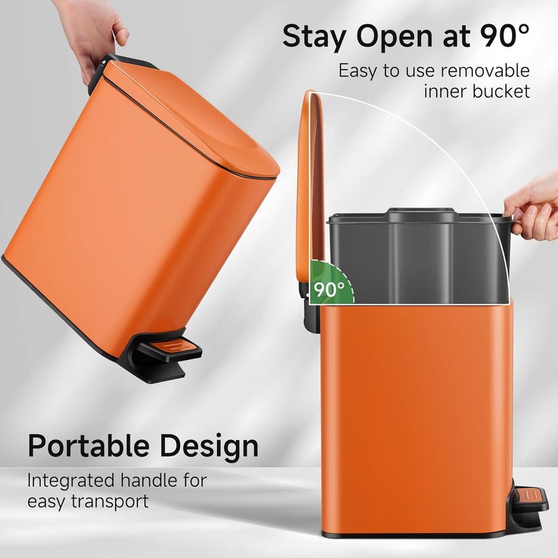 TIPGO Small Bathroom Trash Can with Lid Soft Close, 6 Liter / 1.6 Gallon Stainless Steel Garbage Can with Removable Inner Bucket, Step Pedal, Slim Trash Cans for Bedroom, Office, Kitchen (Orange) - Image 3